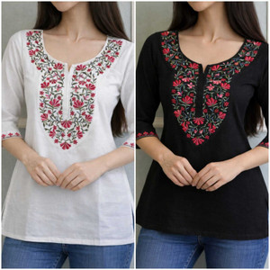 Parakash Casual Embroidered Women White, Black Top