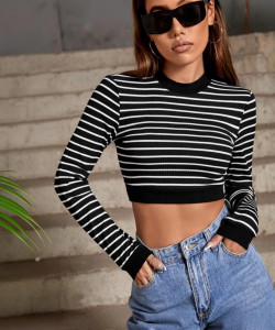 Western Darji Casual Striped Women Black Top