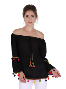 Emeros Casual Full Sleeve Self Design Women Black Top