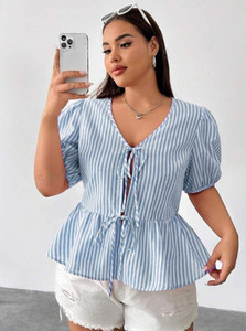 Burgstudio9 Casual Striped Women Light Blue Top