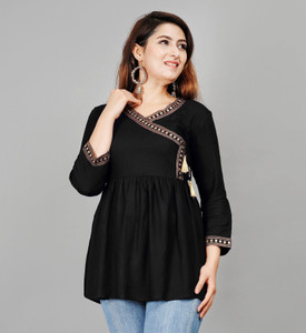 Brijam Casual Embroidered Women Black Top