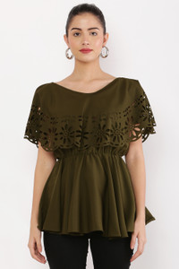 indaisy Casual Laser Cut Women Brown Top