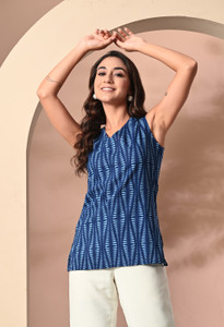 METRONAUT Casual Chevron/Zig Zag Women Blue Top