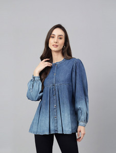 Janasya Casual Washed Women Blue Top