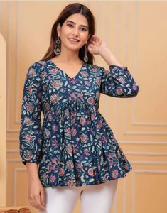 Golden Wings Casual Printed Women Blue Top