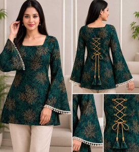 Aariba Fashion Casual Printed Women Green, Gold Top