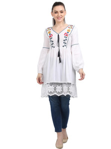 3SIX5 Casual Full Sleeve Embroidered Women White Top