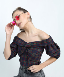 Tokyo Talkies Casual Checkered Women Dark Blue Top