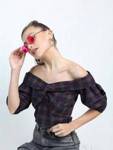 Tokyo Talkies Casual Checkered Women Dark Blue Top