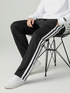 Jump Cuts Striped Men Black Track Pants