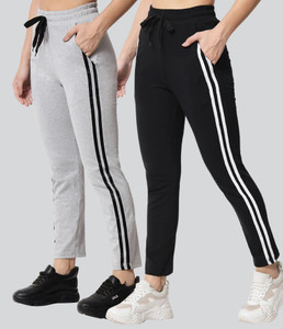 TRENDEFY Solid, Striped Women Black, Grey Track Pants