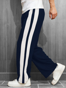 Jump Cuts Solid Men Dark Blue, White Track Pants