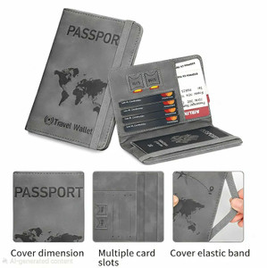 Rioon Grey RFID Passport Cover- Leather Travel Document Organiser with Elastic Band
