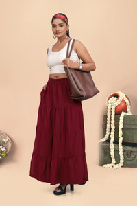 Anti Wrinkle Designer Solid Women Flared Maroon Skirt