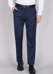 लोमोर Formal Flat Front पुरुषों के लिए नीला स्लिम फिट ट्राउज़र्स