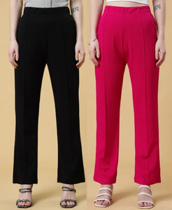 GLOWIC Straight Fit Women Black, Pink Trousers