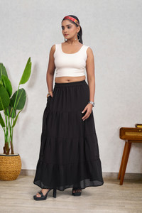 Anti Wrinkle Designer Solid Women Flared Black Skirt