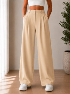 ViGit Loose Fit Women Beige Trousers