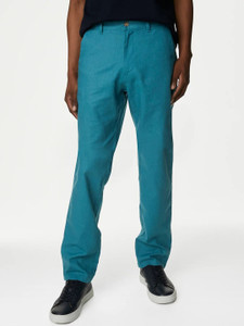 MARKS & SPENCER Men Regular Fit Blue Cotton Blend Trousers