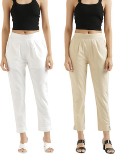 D&H Regular Fit Women Beige, White Trousers
