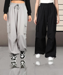 1stLov Loose Fit Women Black, Grey Trousers