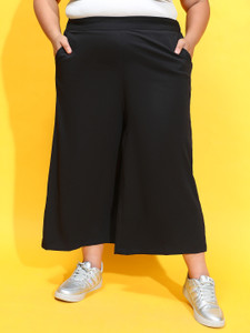 OXOLLOXO Women Plus Size Black Color Soild Elasticated Culottes With Side Pockets Regular Fit Women Black Trousers