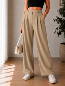 ViGit Loose Fit Women Beige Trousers