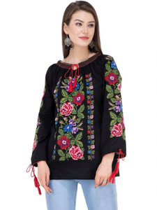 SAAKAA Casual Full Sleeve Embroidered, Floral Print Women Black Top