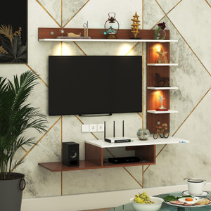 FURNIWUD Wintor Wall Mounted TV Unit with 4 LED Lights, Storage Box & Decorative Shelf Engineered Wood TV Entertainment Unit