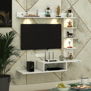 FURNIWUD Wintor Wall Mounted TV Unit with 4 LED Lights, Storage Box & Decorative Shelf Engineered Wood TV Entertainment Unit