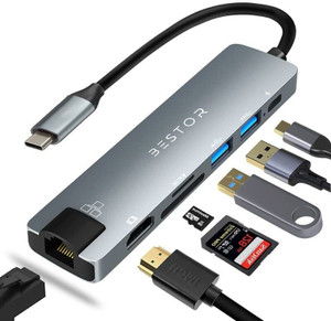 Bestor 7-in-1 USB-C Hub Multiport Adapter with HDMI, 87W PD, 100Mbps Ethernet SD/TF Cards Reader, 2 USB 3.0 Ports USB Hub