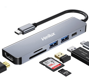 Verilux USB C Hub, 6 in 1 Portable Aluminum Multiport Adapter with 4K HDMI(30Hz) SD/Micro SD Card Reader, Type C Hub for MacBook Pro, MacBook Air,Type-C Devices USB Hub