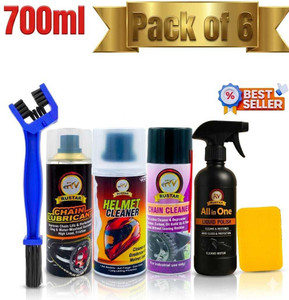 RUSTAR Combo of Chain Cleaner+ Chain Lube+ Helmet Cleaner+ Car & Bike Polish with Cleaning Brush & Foam| Shines & Protects Chain| Helmet Cleaning| Chain Oil (700 ml, Pack of 7) - Image 1