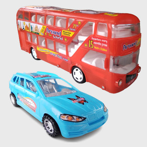 Wasinat Toys Stores Double Decker Red Bus & Sky Blue Racing Car