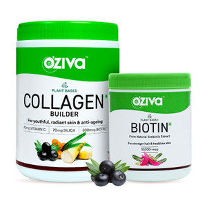 OZiva Strong Hair & Glowing Skin Combo: Plant Based Biotin,125g + Collagen Builder, 250g