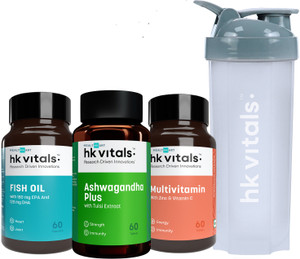 HEALTHKART hk vitals Multivitamin, 60 N, Fish Oil 1000mg, Ashwagandha Plus & 650 ml Shaker