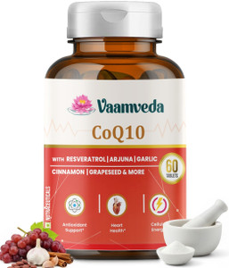 Vaamveda CoQ10 Coenzyme Q10 Capsule Supplement with Arjuna Cinnamon Garlic Resveratrol