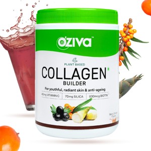 OZiva Plant Based Collagen Builder for Men & Women, Biotin, Vitamin C, Berry Orange