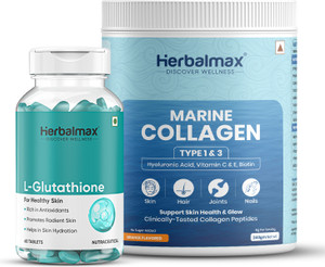 glutathione tablets or powder which is better Herbal max Skin Radiance Marine Collagen Powder & L- Glutathione Tablet, 60  No Price in India