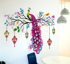 TAGMA GROUP Colorful Peacock Wall Sticker Home Decoration Hanging Lantern Elegant Wall Decal