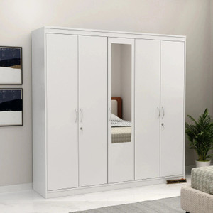 Wooden Street Mahin 5-Door Wardrobe Stylish with Hanging Rod, Mirror Engineered Wood 5 Door Wardrobe