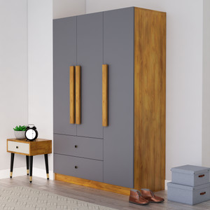 Hexa Red Wooden Wardrobe with 2 Drawer & Hanging Space 3 Year Warranty Engineered Wood 4 Door Wardrobe