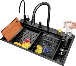 GLOXY Nano Stainless Steel Handmade Kitchen Sink with Integrated Waterfall and Pull-Down Faucets/Soap Dispenser/ 2-Drain Basket, Smart Sink 30x18x9 Inches Vessel Sink