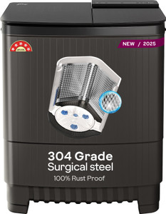 Godrej 8 kg 5 Star, With Soft Shut Wash Lid, Tri Roto Scrub Pulsator With Stainless Steel Wash and Spin Drum Semi Automatic Top Load Washing Machine Grey