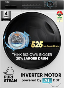 Haier 8 kg 聽5 Star with Powered by AI-DBT, PuriSteam, 525 mm Super Drum, Inverter Motor, Inbuilt Heater, Washer Fully Automatic Front Load Washing Machine Black, White