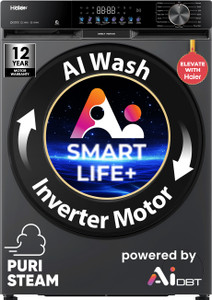 Haier 10 kg 5 Star, AI Smart LIFE+, Vibrant Touch Panel, Fabric Care with Stain Pro Technology, Hygienic Care, ABT, 525 mm Super Drum, Refresh, Direct Motion Motor, WiFi enabled Fully Automatic Front Load Washing Machine with In-built Heater Black