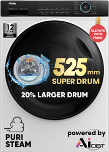 Haier 8 kg 聽5 Star with Powered by AI-DBT, PuriSteam, 525 mm Super Drum, Inverter Motor, Inbuilt Heater, Washer Fully Automatic Front Load Washing Machine Black, White