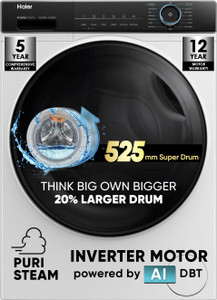 Haier 8 kg AI with Inverter Motor, IPuristeam and Refresh Function, Anti Bacterial Technology, Super Drum 525mm with Custom Wash Programs Fully Automatic Front Load Washing Machine Black, White