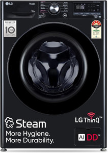 LG 12 kg 5 Star, AI Direct Drive Technology, Wi-Fi Enabled, Steam Wash, Intelligent & Convenient Fabric Care, Allergy Care, Remote Control Fully Automatic Front Load Washing Machine with In-built Heater Black