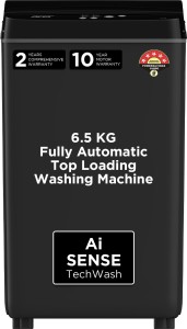 Acer 6.5 kg Halo Wash Series with Glass Lid, 5 Star Rating, AiSense, AutoBalance, Hex-Fin Jet Pulsator, SwirlWash Tub Fully Automatic Top Load Washing Machine Black, Grey